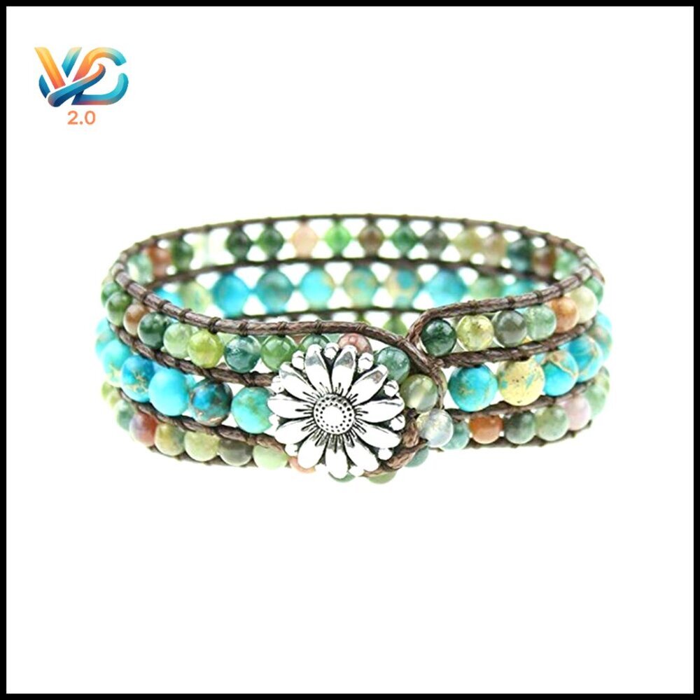 Boho Handmade Natural Stone Bead Wrap Bracelet Adjustable Wrist Statement